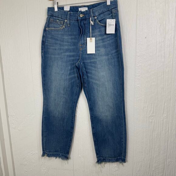 Good American Mid Rise Mom Jeans Sz 4 or 27 Casual Raw Hem Indiago 114 Cropped - Picture 10 of 11